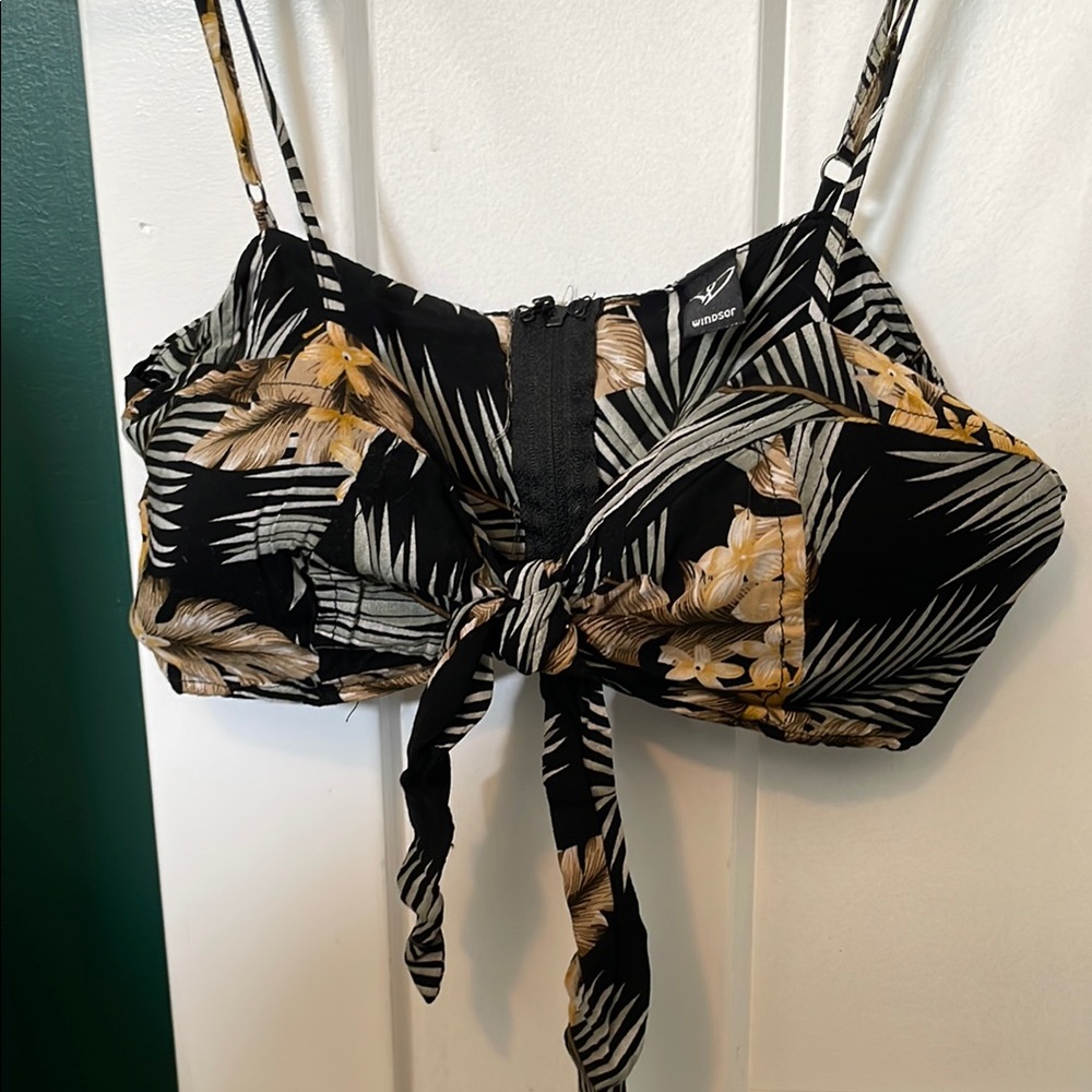 Windsor Black and Tan Tie Front Bustier Crop Top